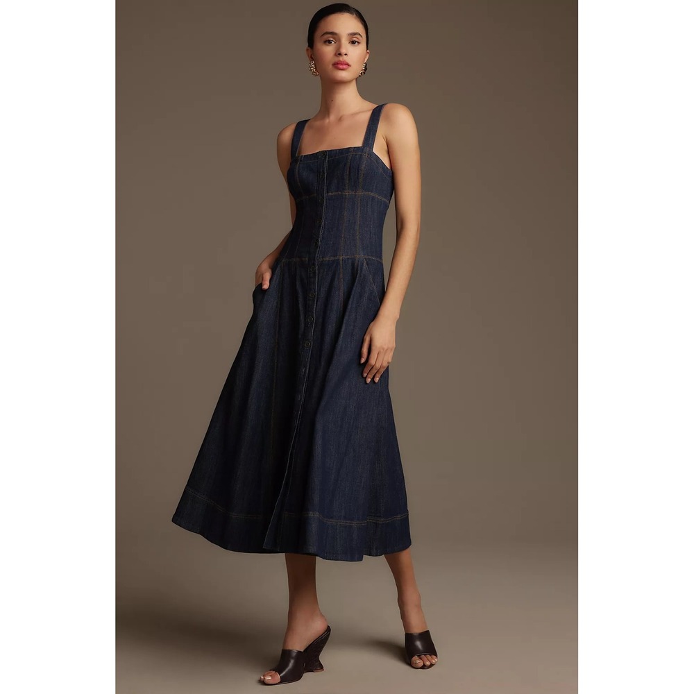 Anthropologie‎ MAEVE Button-Front Corset Denim Dress Button Front 10P 10 Petite